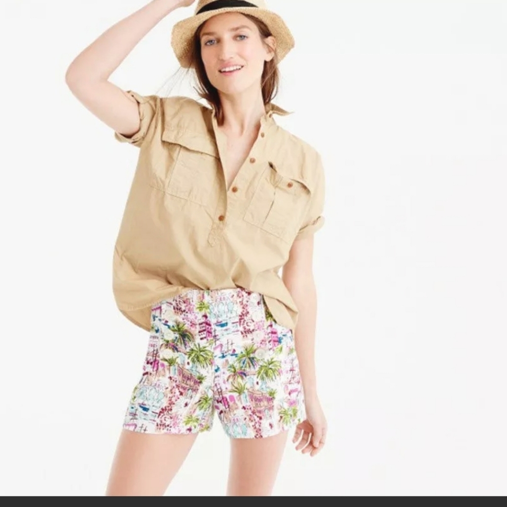 NEW J. Crew Sz 10 Linen-Tencel sailor short harbor print high waist buttons